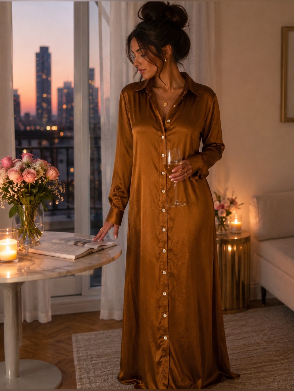 NWT Luxury SatinY Button-Down Maxi Dress in Bronze Size 8 Romantic Goth Fairy